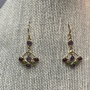 Multi Gemstone, Amethyst, Peridot, Garnet Gold over Silver Dangle Earrings